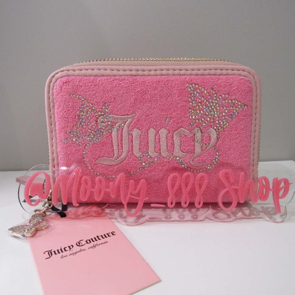 Juicy Couture Pink Terry Cloth Wallet with Butterfly Rhinestone Accents